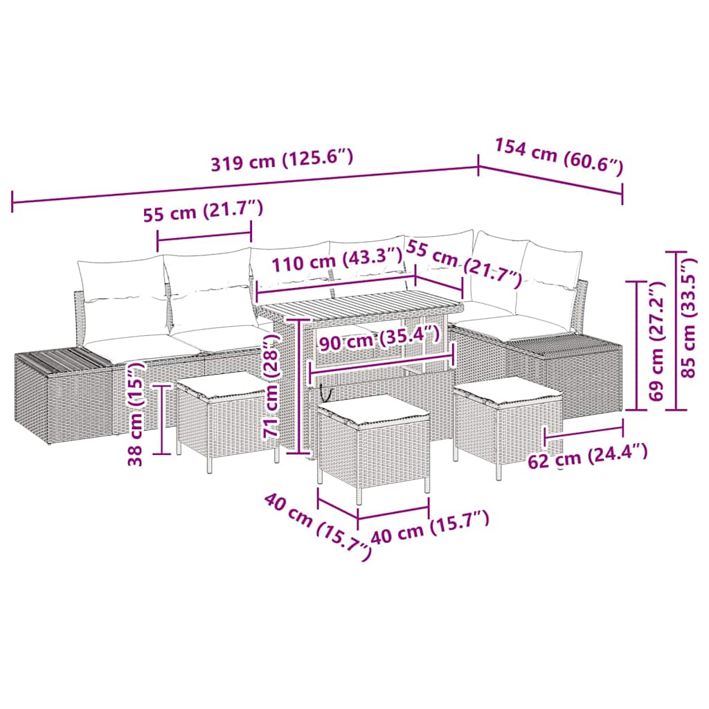 vidaXL Σετ Καναπέ Κήπου 10 Τεμαχίων με Μαξιλάρια Μπεζ Πολυ Ρατάν Ακακία