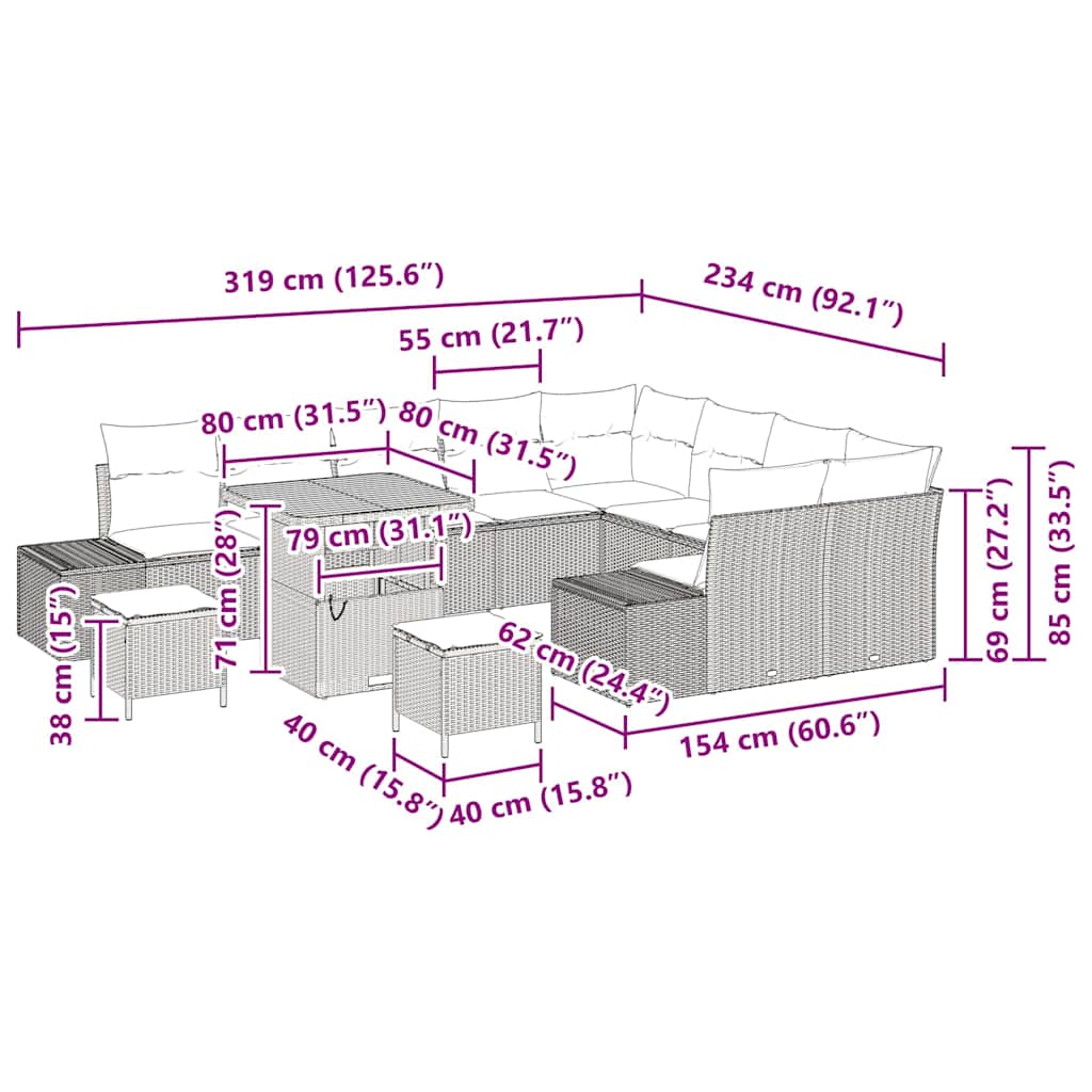 vidaXL Σετ Καναπέ Κήπου 12 Τεμαχίων με Μαξιλάρια Μαύρο Πολυεστερικό Ακακία