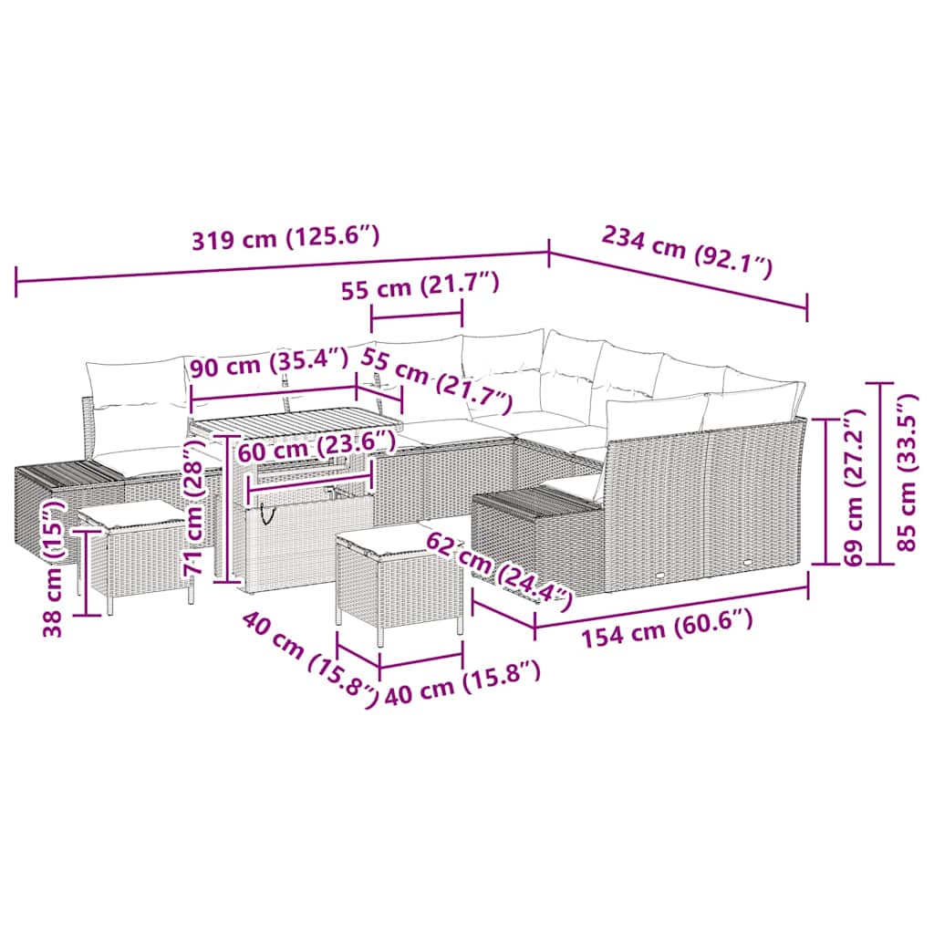 Σετ Καναπέδων Κήπου VIDAxl 12 Τεμαχίων με Μαξιλάρια Μαύρο Πολυ Ράταν Ακακία