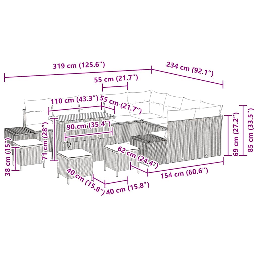 vidaXL Σετ καναπέ 13 τεμαχίων κήπου με μαξιλάρια μπεζ Πολυ Ρατάν Ακακία