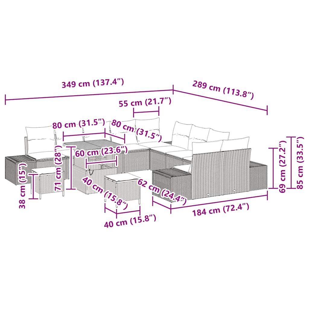 vidaXL Σαπούνι Κήπου 13 κομματιών με μαξιλάρια Μπεζ Συνθετικό Ρατάν Ακακία