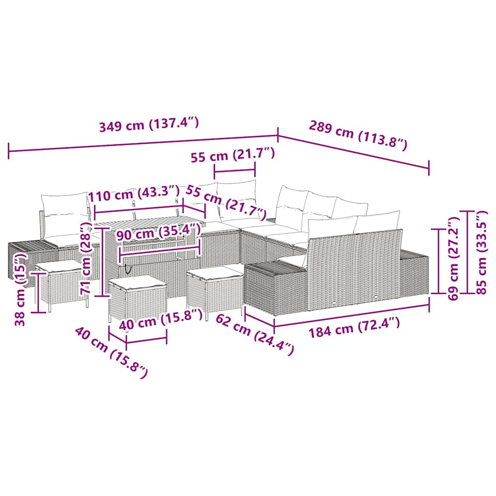 vidaXL Σετ Σαλονιού Κήπου 14 κομματιών με Μαξιλάρια Γκρι Πολυ Ρατάν