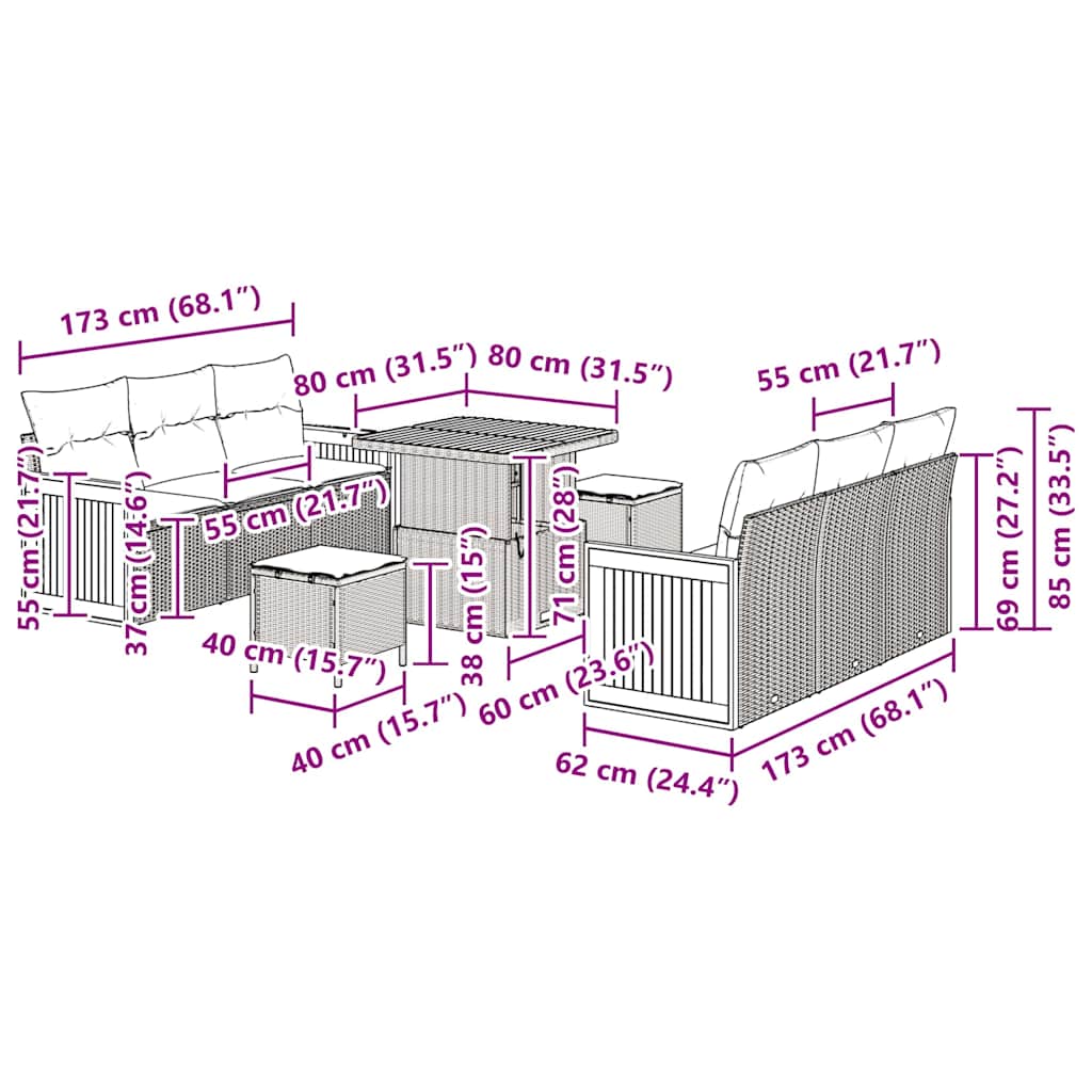 vidaXL Σετ Καναπέ Κήπου με μαξιλάρι 9 pcs Γκρι