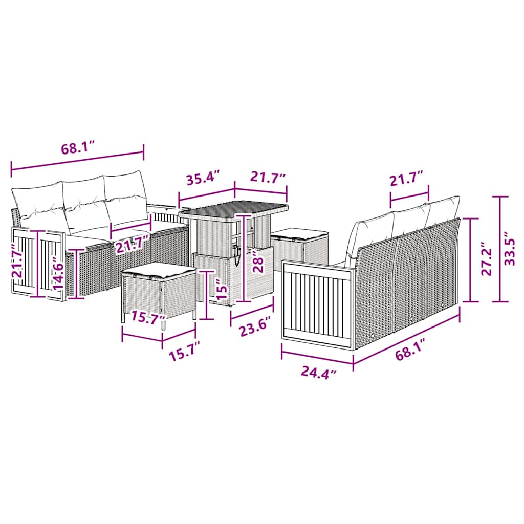 vidaXL Σετ Σαλονιού Κήπου 9 Τεμαχίων με Μαξιλάρια Μαύρο Πολυ Ρατάν Ακακία