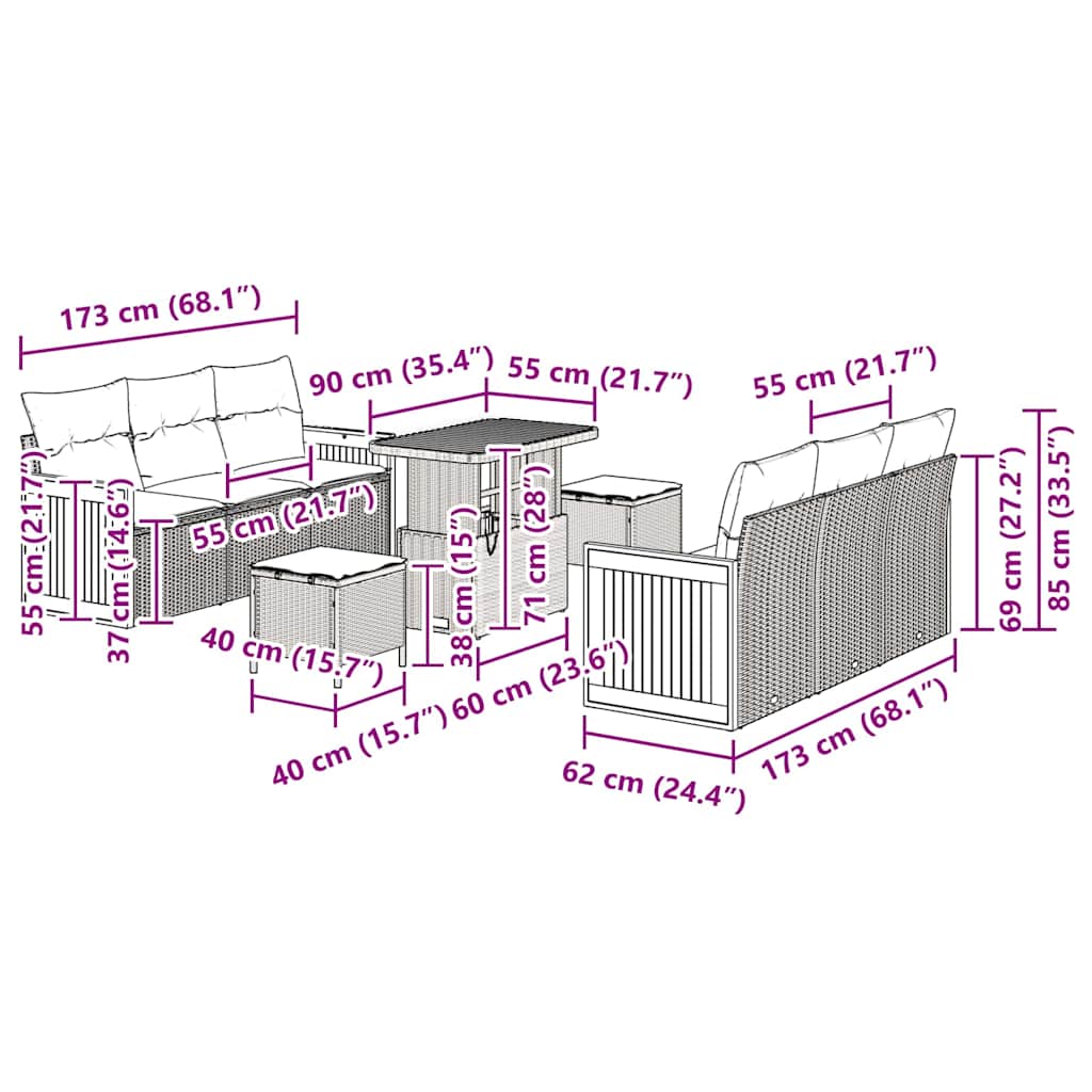 Σετ Καναπέδων 9 Τεμαχίων Κήπου με Μαξιλάρια Γκρι Πολυ Ράτα Ακακία