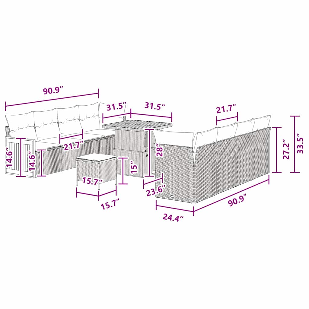 Σετ Καναπέ Κήπου vidaXL 11 τεμαχίων με Μαξιλάρια Μαύρο Πολυ Ρατάν Ακκασίας