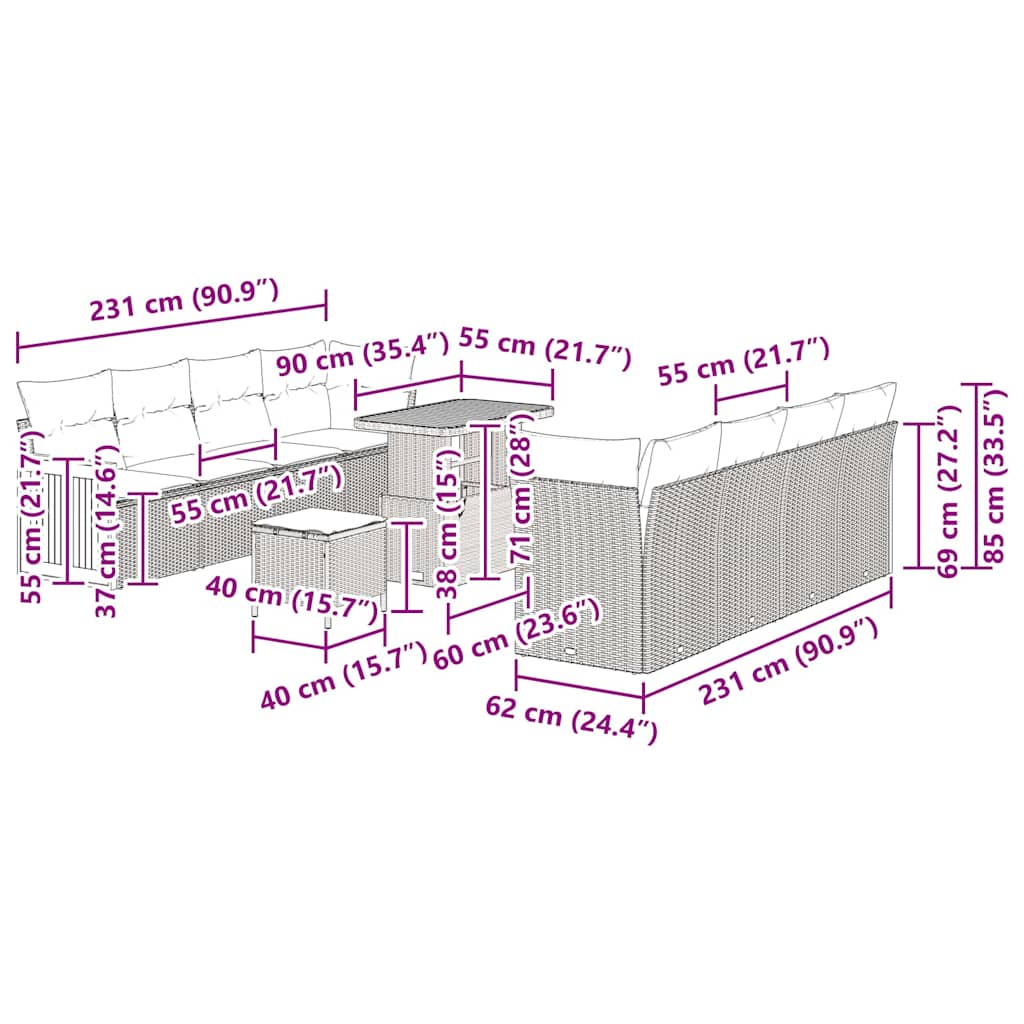 vidaXL Σετ 11 Κομματικό Καναπέ Κήπου με Μαξιλάρια Μαύρο Πολυ Ράταν