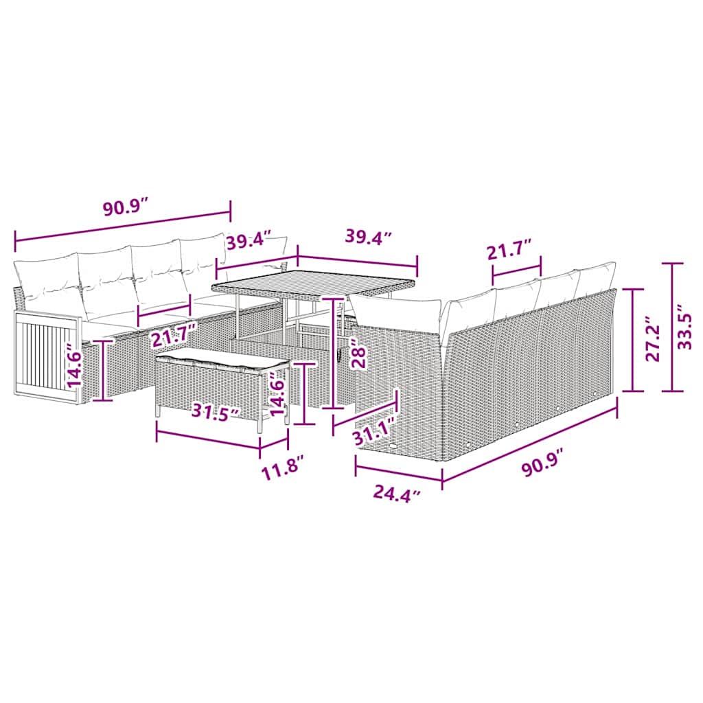 vidaXL Σετ Καναπέ Κήπου με μαξιλάρι 11 pcs Μαύρο 100 x 100 x 71 cm