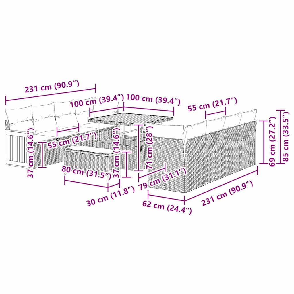 vidaXL Σετ Σαλονιού Κήπου 11 Τεμαχίων με Μαξιλάρια Μαύρο Πολυ Ράταν Ακακία