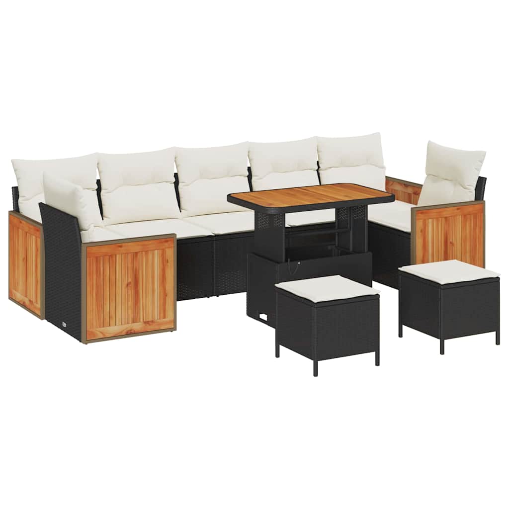 vidaXL Σετ Καναπέ Κήπου 10 Τεμαχίων με Μαξιλάρια Μαύρο Πολυ Ρατάν Ακακία