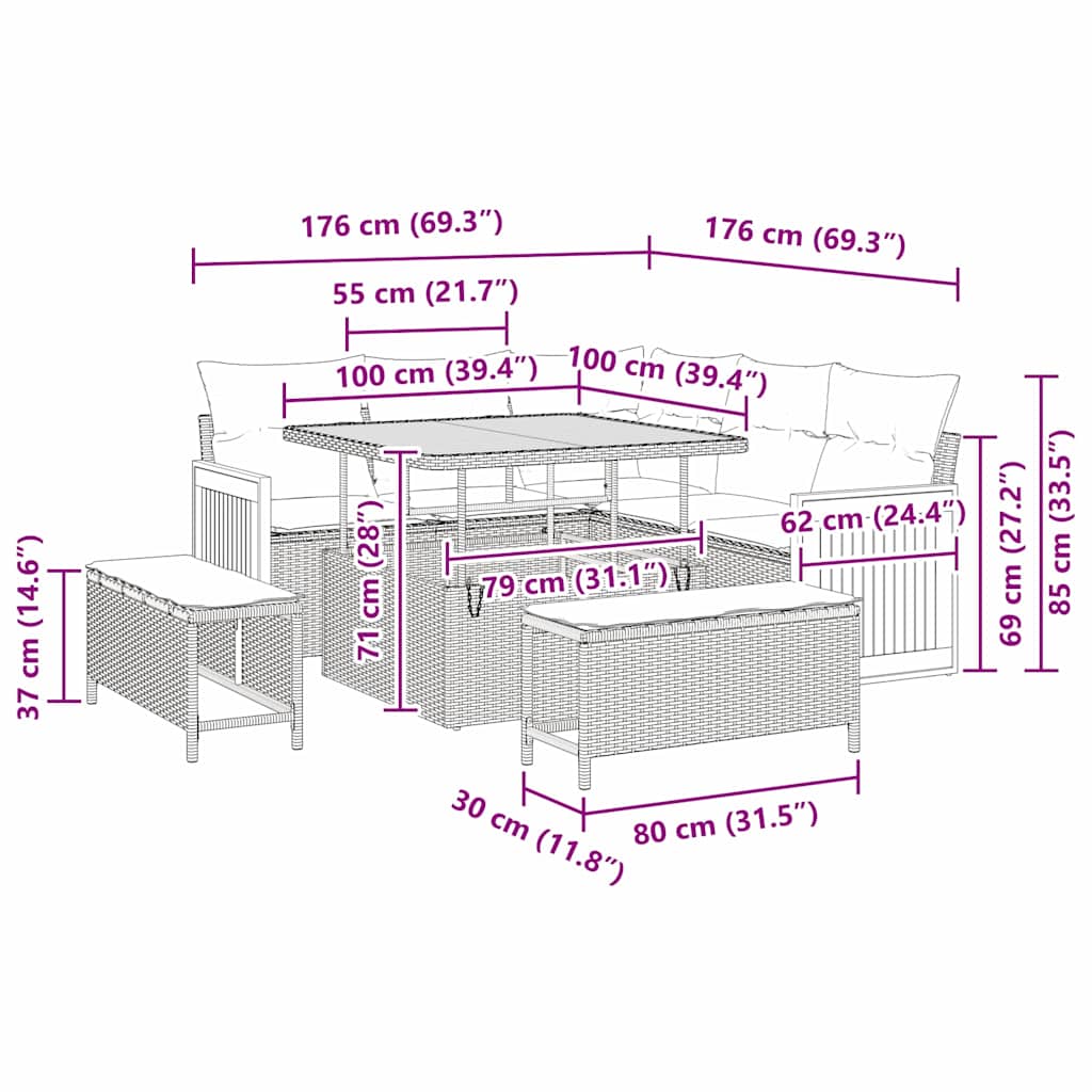 8 κομμάτι σετ καναπέ κήπου με μαξιλάρια Μαύρο Πολυ Ράτα Ακακίας