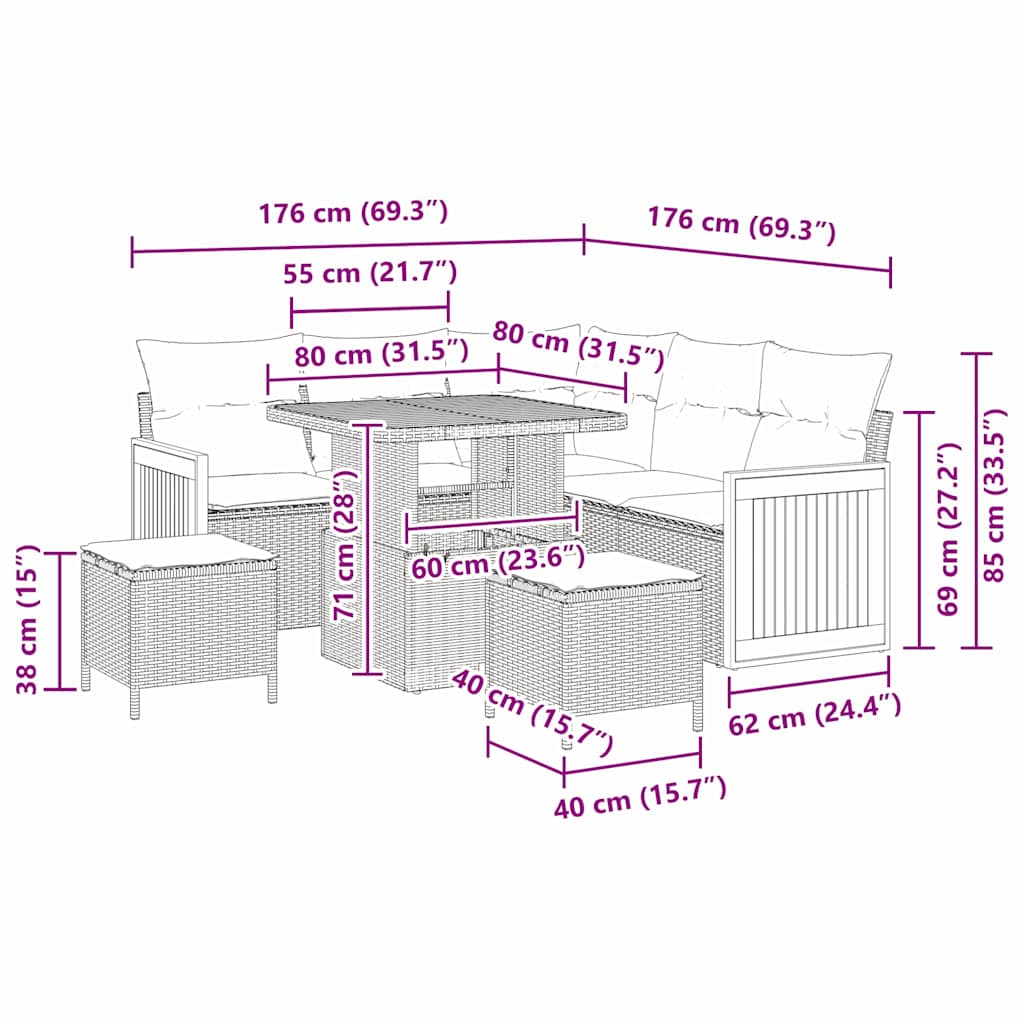vidaXL Σετ Καναπέ Κήπου 8 Τεμαχίων με Μαξιλάρια Μαύρο Πολυ Ρατάν Ακακία
