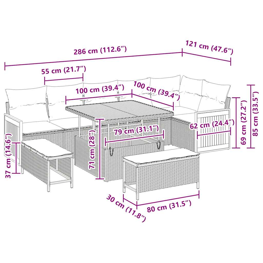 vidaXL σετ 9 κομματιών καναπέ κήπου με γκρι μαξιλάρια από πολυ- rattan