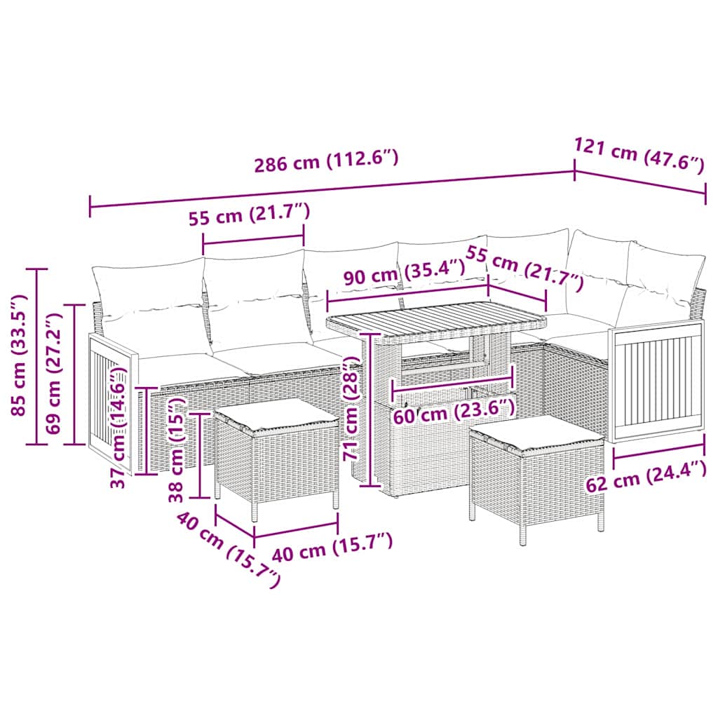 Σετ Σαλονιού Κήπου 9 τεμαχίων με Μαξιλάρια Μπεζ Πολυ Ρατάν