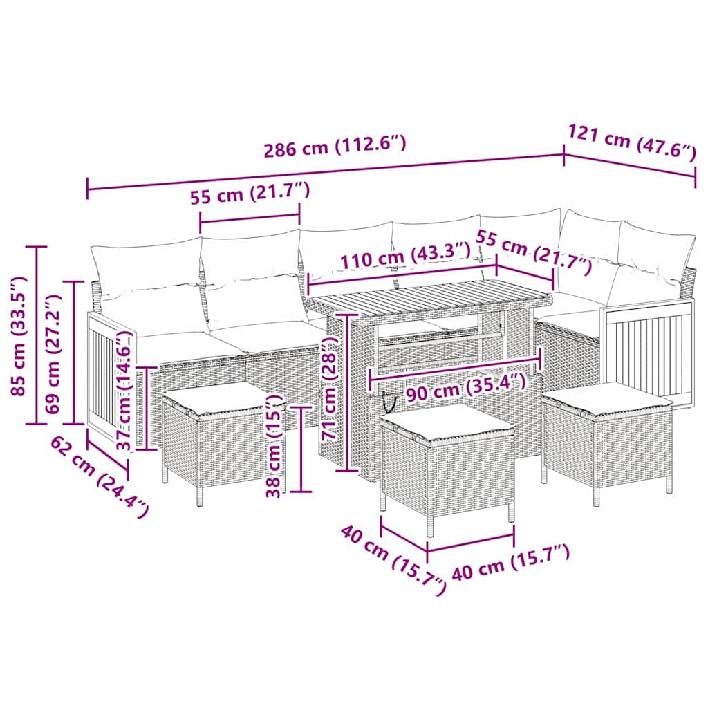 Σετ καναπέ 10 κομματιών με μπεζ μαξιλάρια από συνθετικό ρατάν