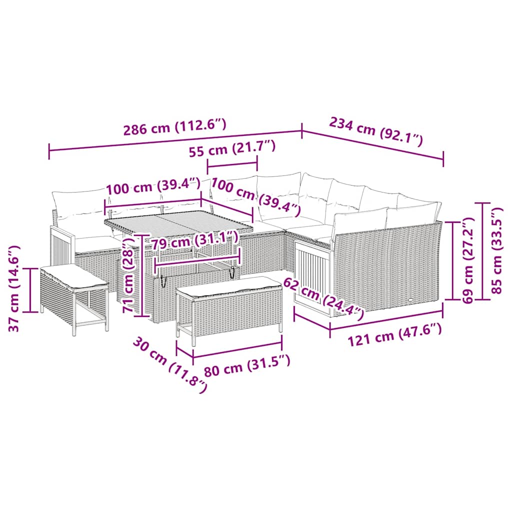 Σετ καναπέ κήπου 12 τεμαχίων με μαξιλάρια Μπεζ Πολυ ρατάν Ακακία