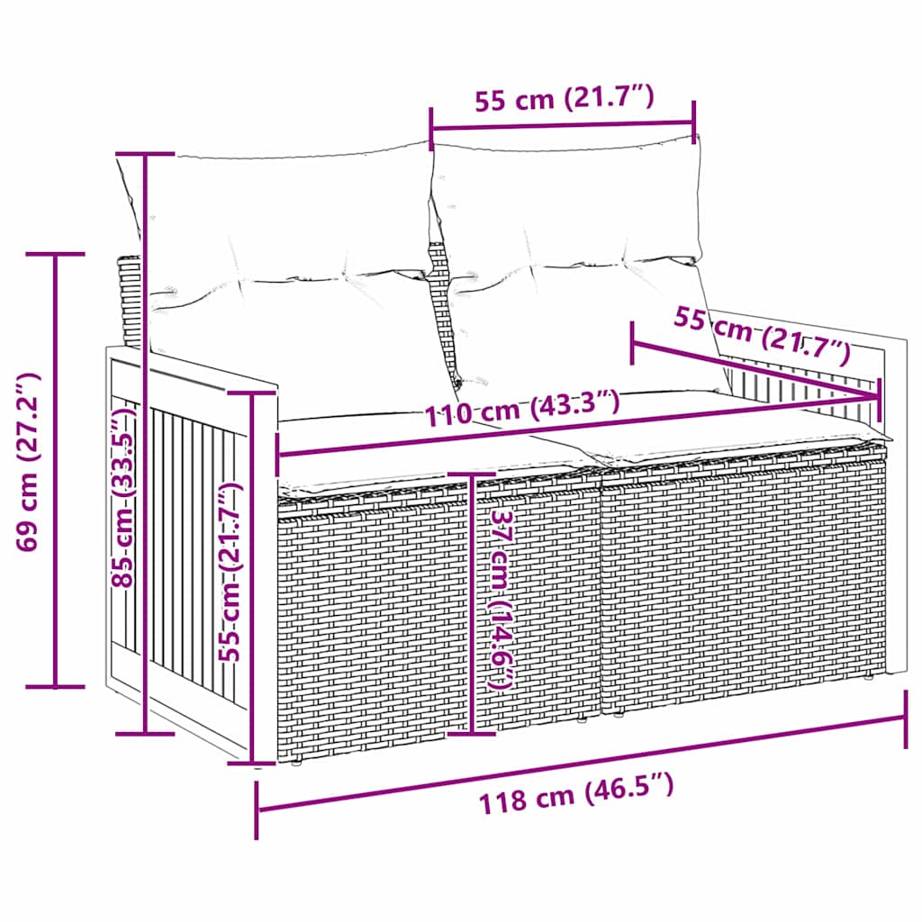 vidaXL Σετ Καναπέ Κήπου με μαξιλάρι 12 pcs Μαύρο 90 x 55 x 71 cm
