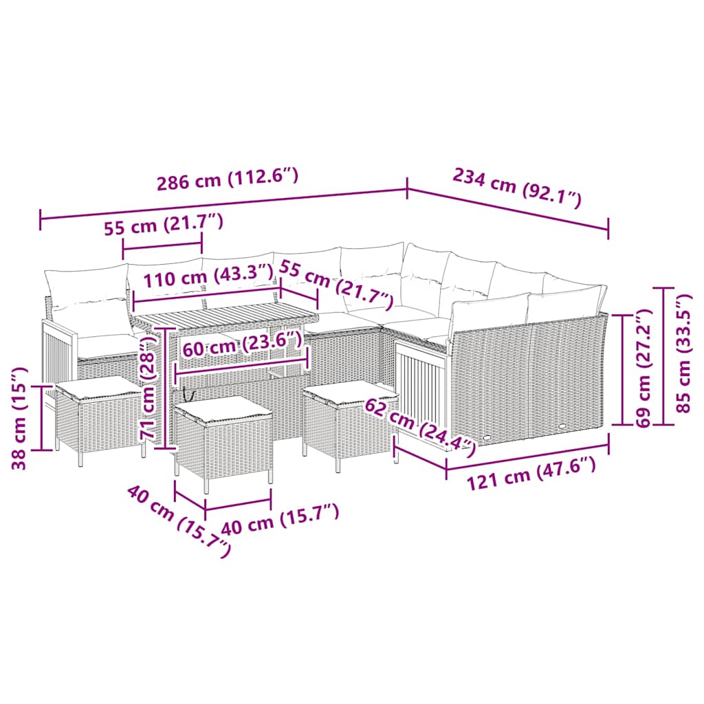 vidaXL Σετ Γωνιακού Καναπέ 13 Τεμαχίων με Μαξιλάρια Γκρι Πολυ Ρατάν Ακακία