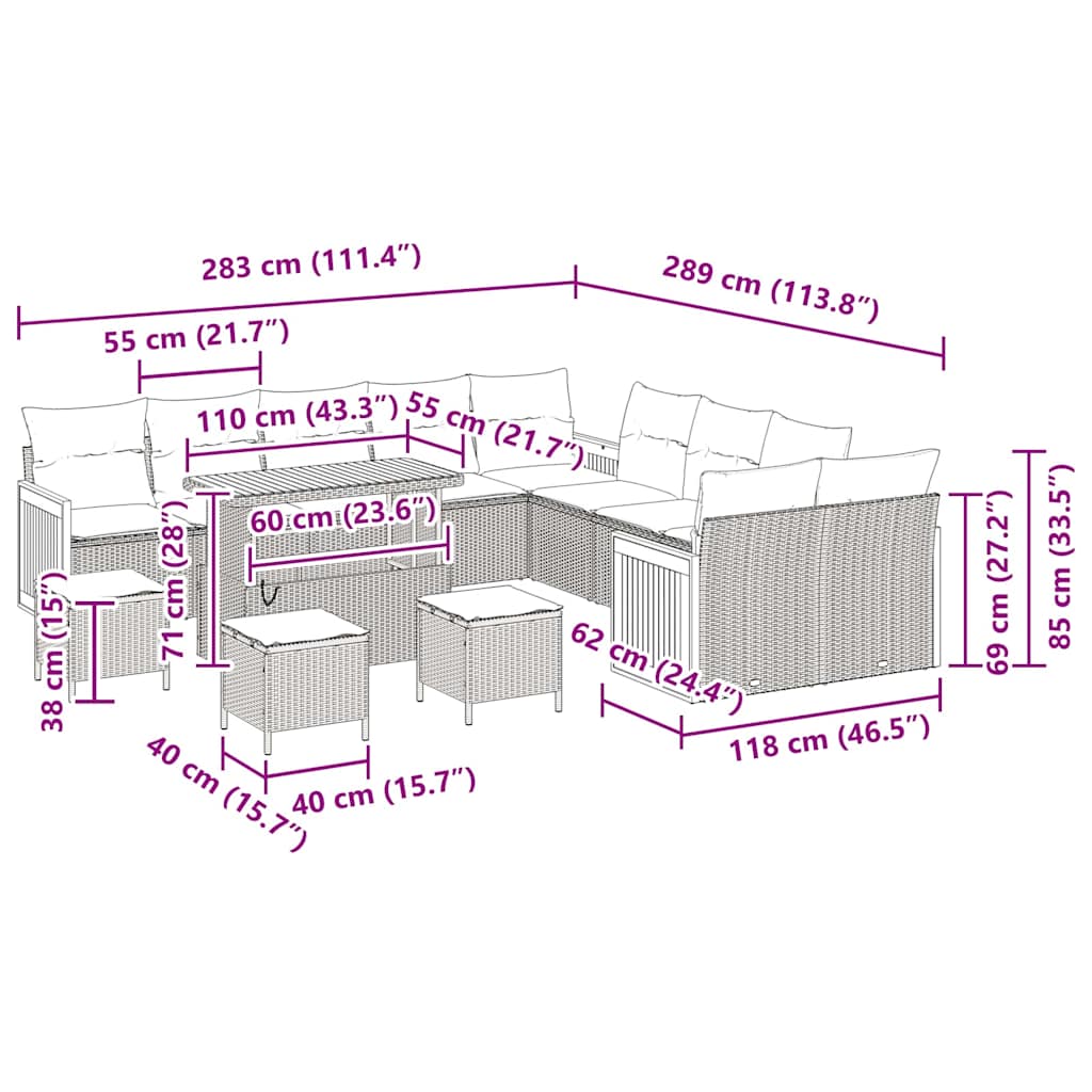 vidaXL Σετ Καναπέ Κήπου 14 Τεμαχίων με Μαξιλάρια Γκρι Πολυ Ρατάν Ακακία