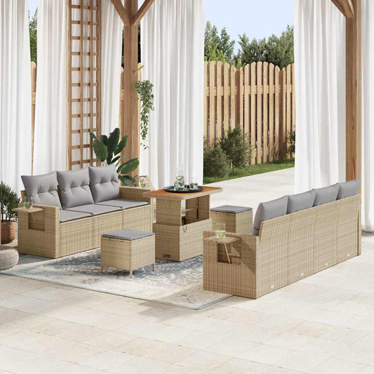 vidaXL 10 Τεμαχίων Σετ Σαπουνιού Κήπου με Μαξιλάρια Μπεζ Πολυ Ράταν Ακακία