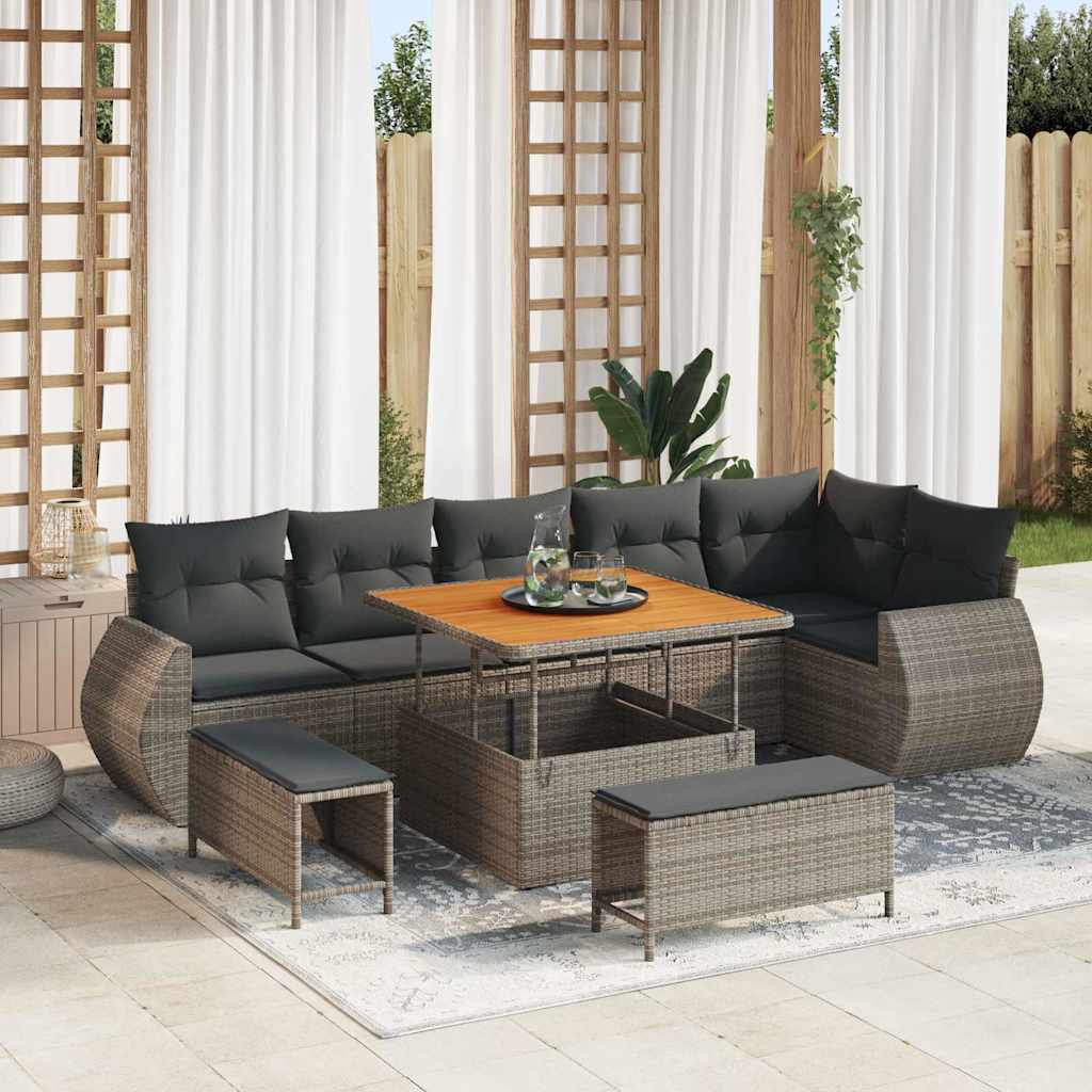 vidaXL Σετ Καναπέ Κήπου με μαξιλάρι με μαξιλάρι 9 pcs Γκρι Πολυ Ρατάν