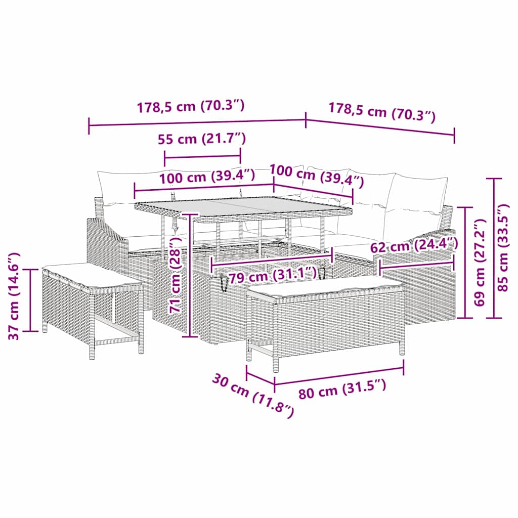vidaXL Σετ Καναπέ Κήπου με μαξιλάρι 8 pcs Γκρι Πολυ ράταν