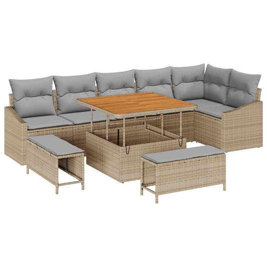 vidaXL Σετ Καναπέ Κήπου με μαξιλάρι 9 pcs Μπεζ Πολυ ράταν