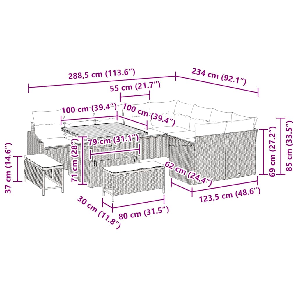 vidaXL 12 Τεμαχίων Σετ Σοφάκι Κήπου με Μαξιλάρια Γκρι Πολυ Ρατάν Ακακία