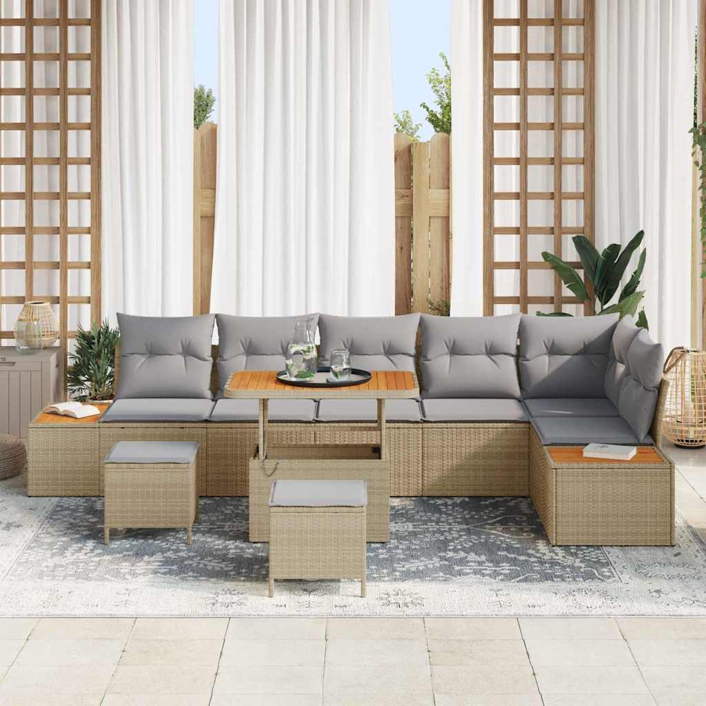 vidaXL Σετ Καναπέ Κήπου με μαξιλάρι 9 pcs Μπεζ Πολυ ράταν