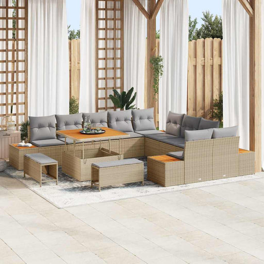 vidaXL Σετ Καναπέ Κήπου με μαξιλάρι 13 pcs Μπεζ Πολυ ράταν