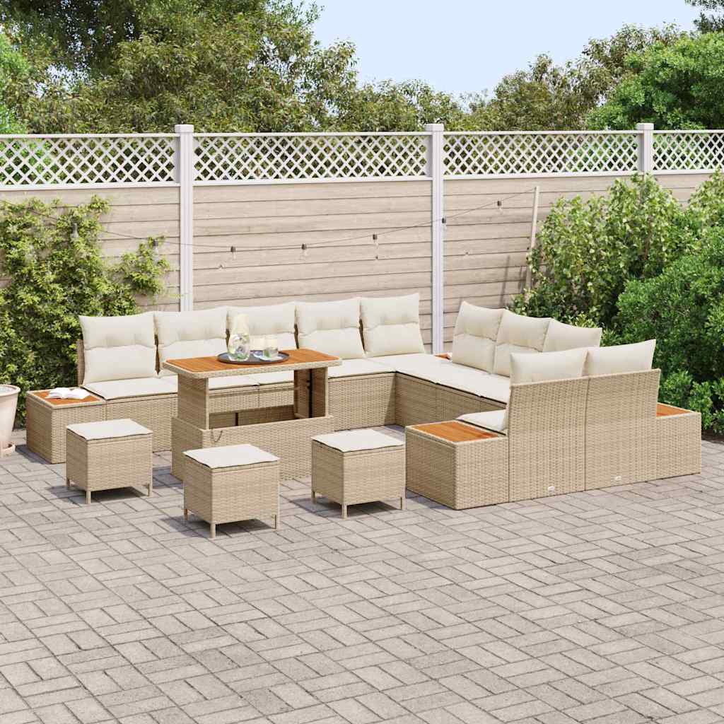 vidaXL Σετ Καναπέ Κήπου με μαξιλάρι 14 pcs Μπεζ Πολυ ράταν