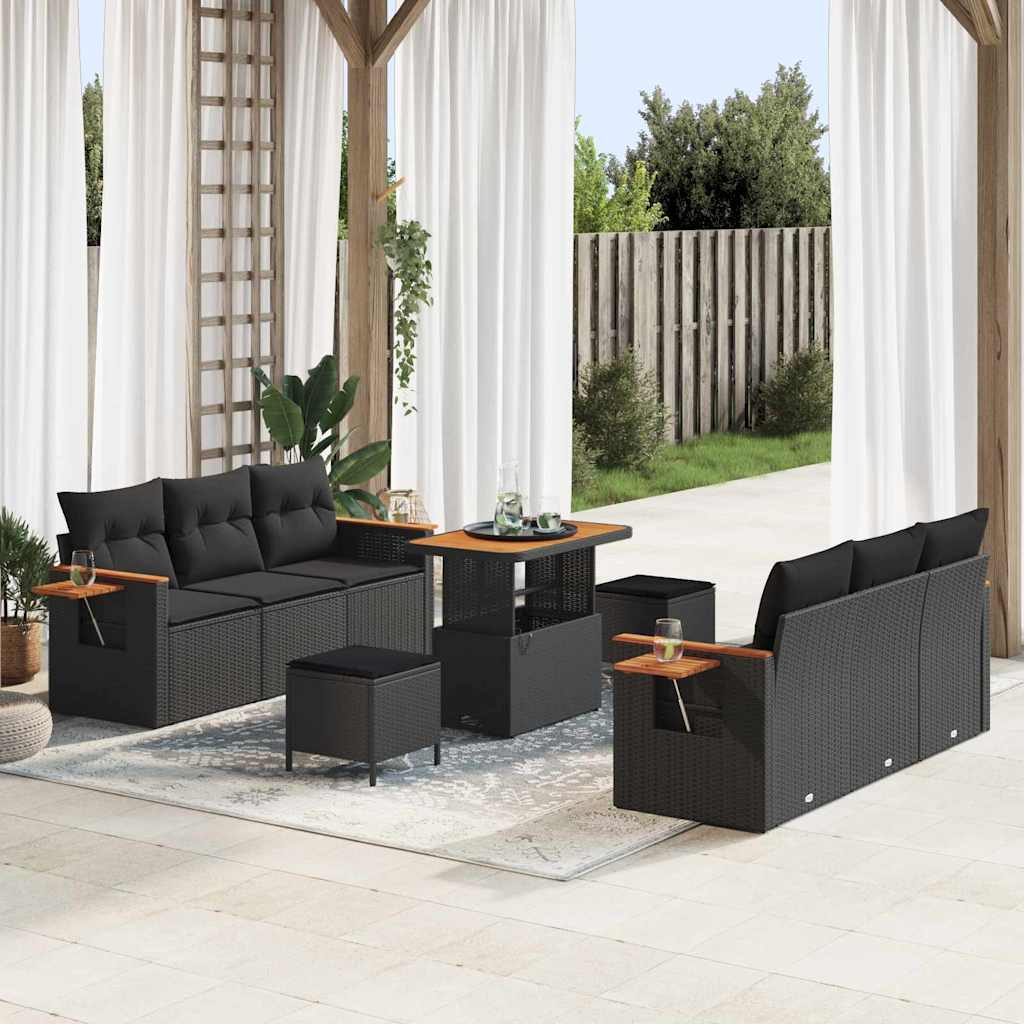 vidaXL Σετ Καναπέ Κήπου με μαξιλάρι 9 pcs Μαύρο Πολυ ράταν