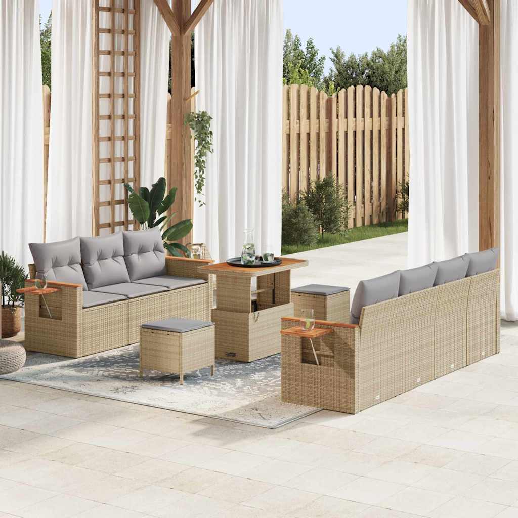 vidaXL Σετ Καναπέ Κήπου με μαξιλάρι 10 pcs Μπεζ Πολυ ράταν