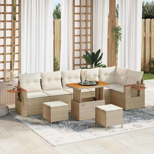 vidaXL Σετ Καναπέ Κήπου με μαξιλάρι 9 pcs Μπεζ Πολυ ράταν