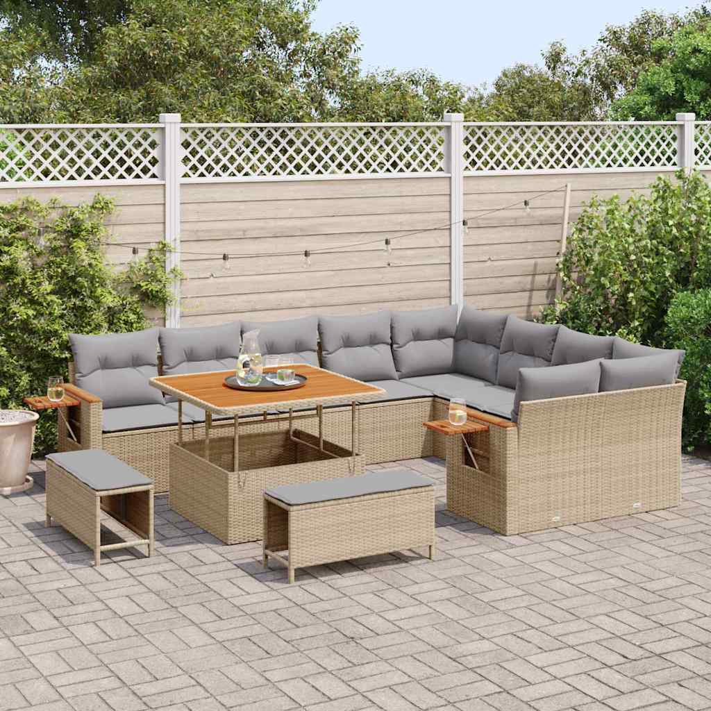 vidaXL Σετ Καναπέ Κήπου με μαξιλάρι 12 pcs Μπεζ Πολυ ράταν