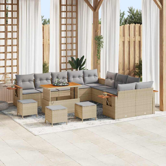 vidaXL Σετ Καναπέ Κήπου με μαξιλάρι 14 pcs Μπεζ Πολυ ράταν