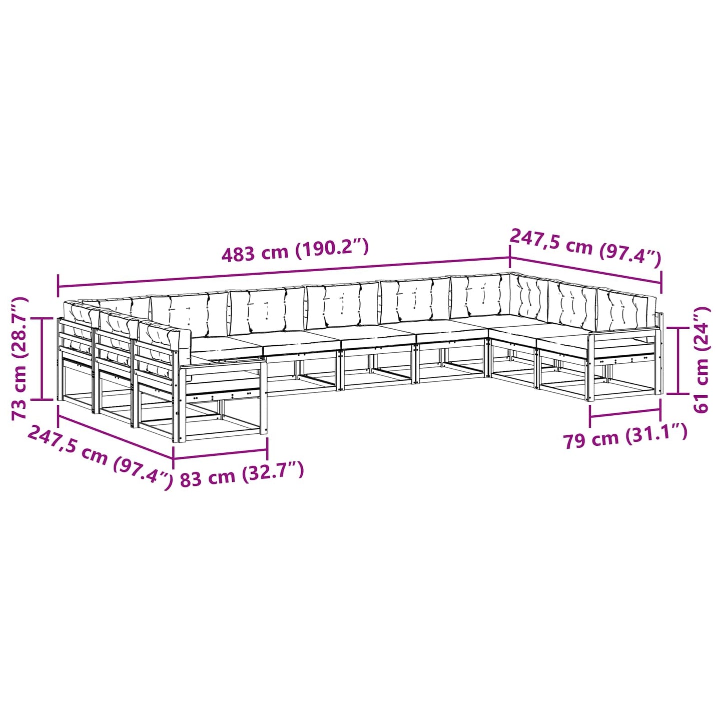 vidaXL Σειρά Καναπέ Εξωτερικού με μαξιλάρι 10 pcs Φυσικό και Ανθρακί