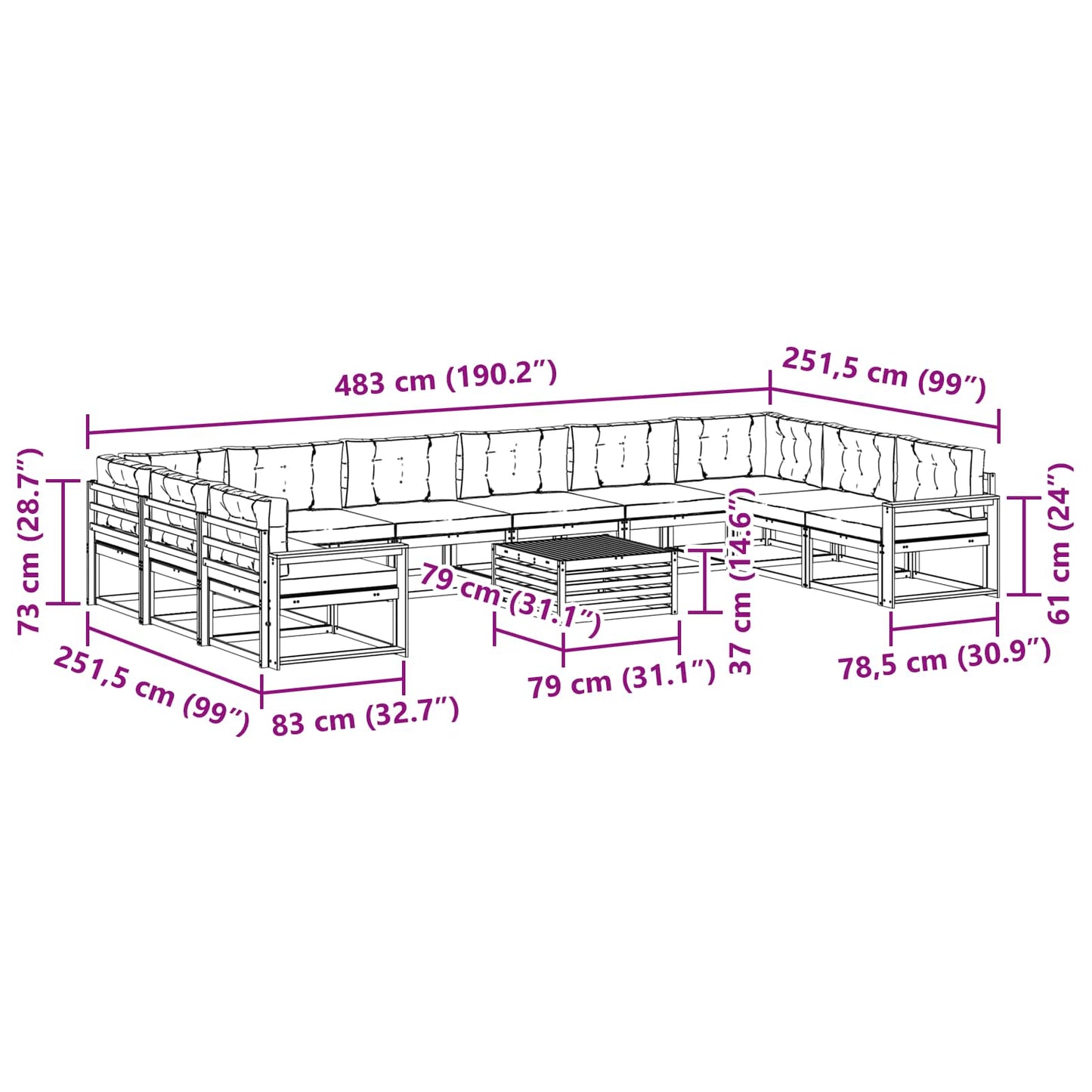 vidaXL Σειρά Καναπέ Εξωτερικού με μαξιλάρι 11 pcs Φυσικό και Ανθρακί