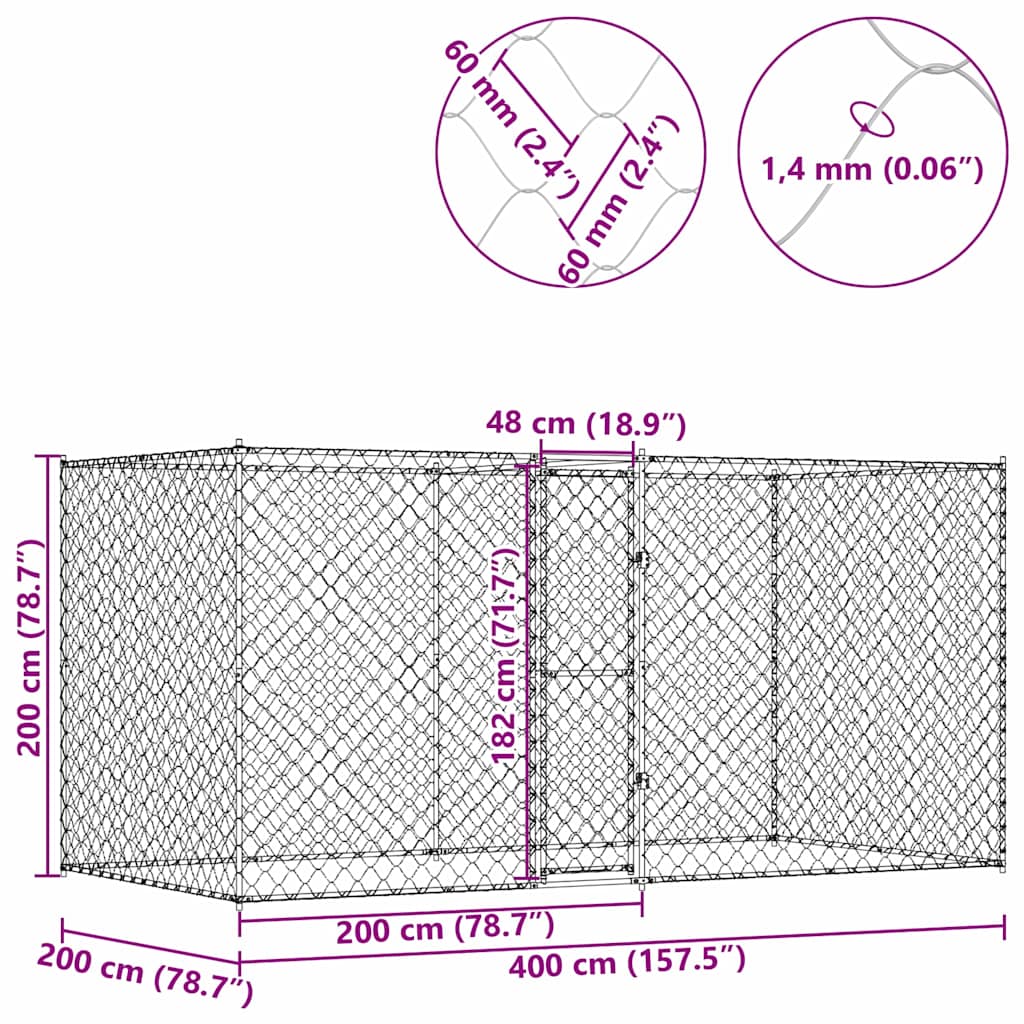 vidaXL Κλουβί σκύλου Ασημί 400 x 200 x 256 εκ Επικαλυμμένος Χάλυβας