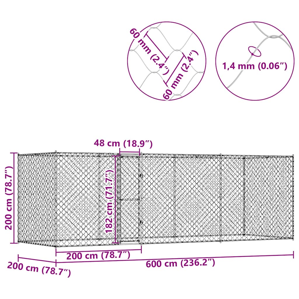 vidaXL Κλουβί σκύλου Ασημί 600 x 200 x 256 εκ. Επικαλυμμένος Χάλυβας