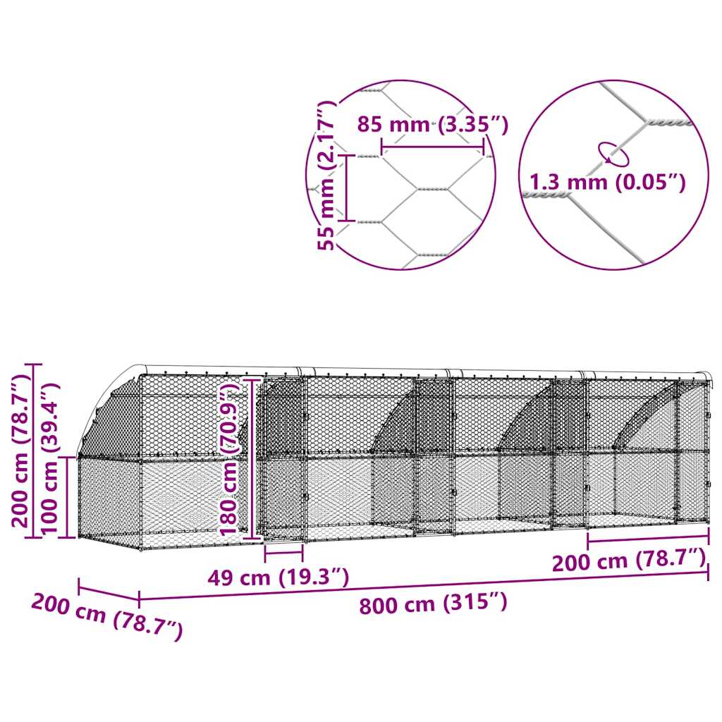 vidaXL Κλουβί Σκύλου με αποθήκευση 4 pcs Ασημί 8 x 2 x 2 m Ατσάλι