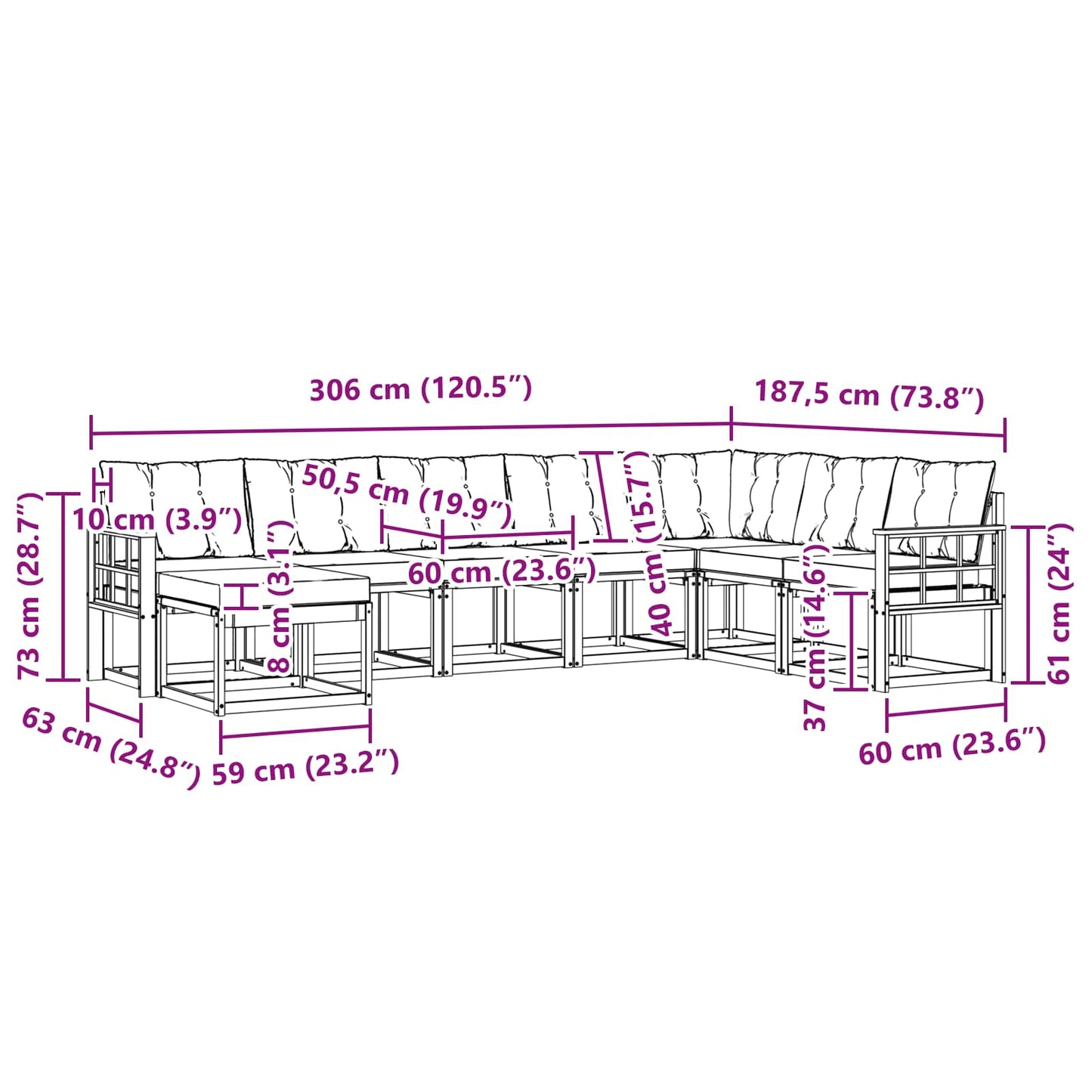 vidaXL Σειρά Καναπέ Εξωτερικού με μαξιλάρι 8 pcs Φυσικό και Μαύρο