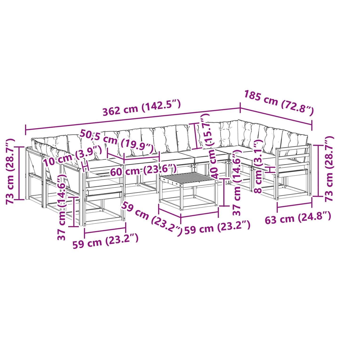 vidaXL Σειρά Καναπέ Εξωτερικού 11 pcs Φυσικό και Ανοιχτό Γκρι