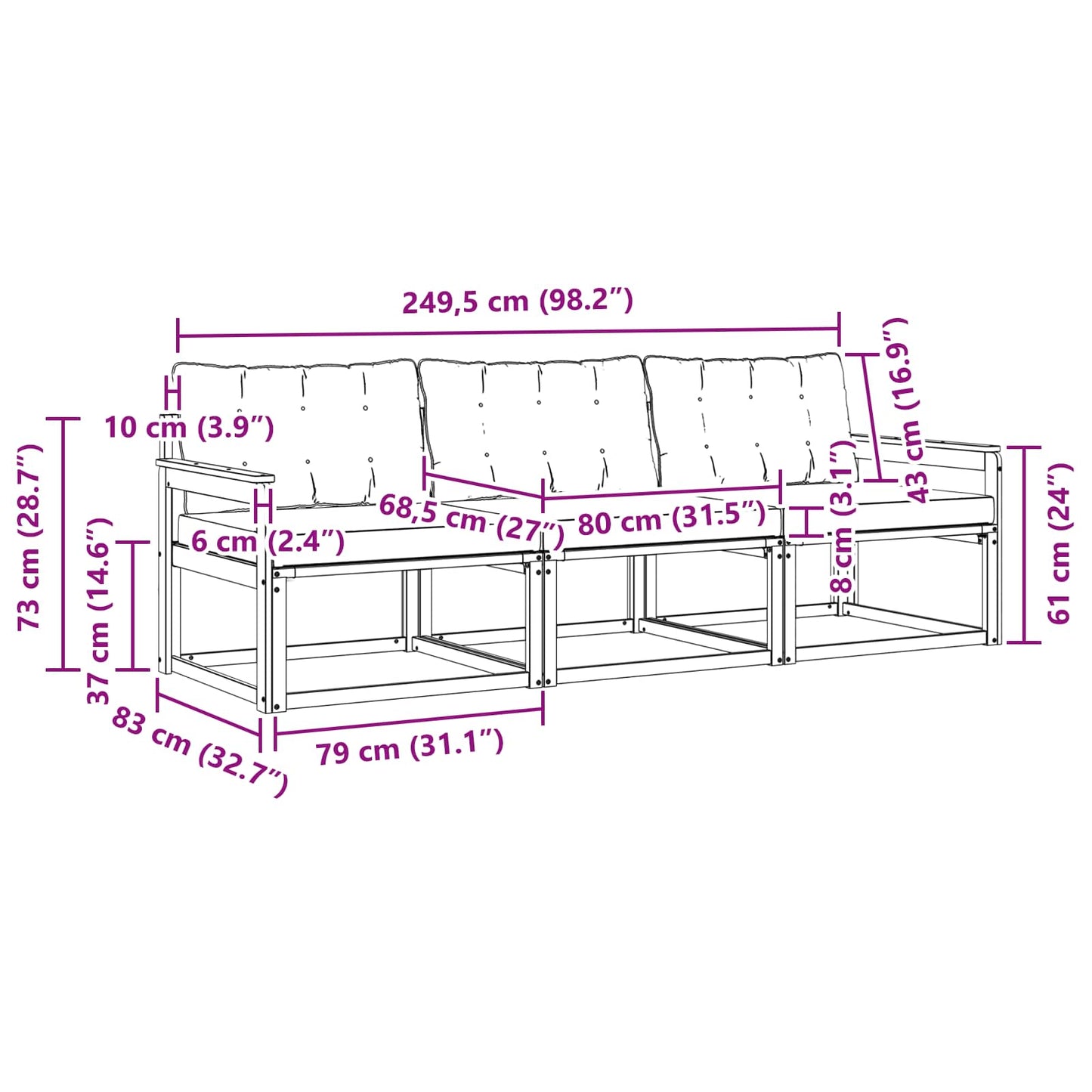 vidaXL Σειρά Καναπέ Εξωτερικού με μαξιλάρι 3 pcs Φυσικό και Μαύρο
