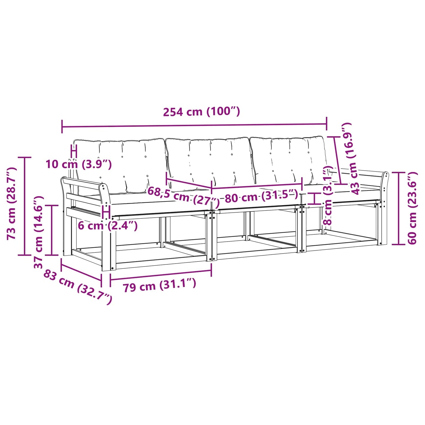 vidaXL Σειρά Καναπέ Εξωτερικού με μαξιλάρι 3 pcs Φυσικό και Μαύρο