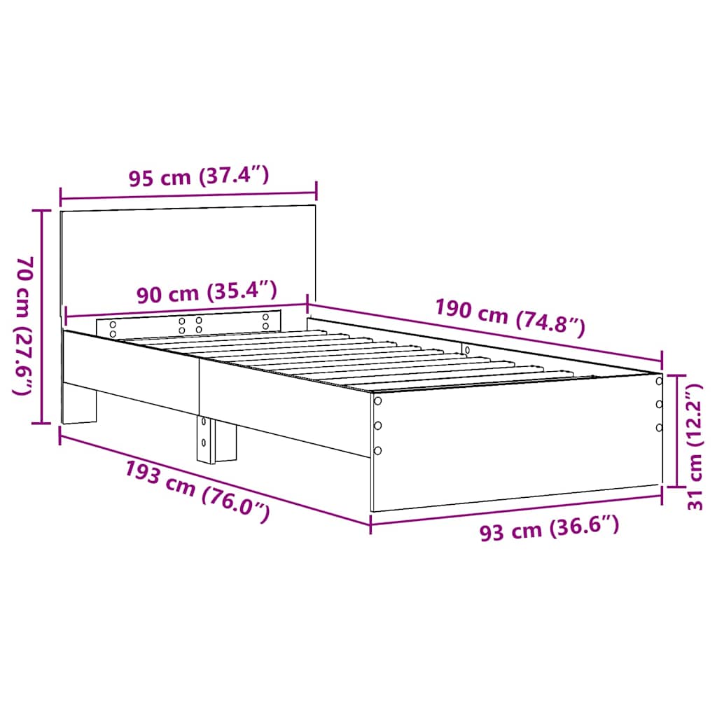 vidaXL Σκελετός Κρεβατιού Παλαιό ξύλο 90 x 190 cm Επεξεργασμένο ξύλο
