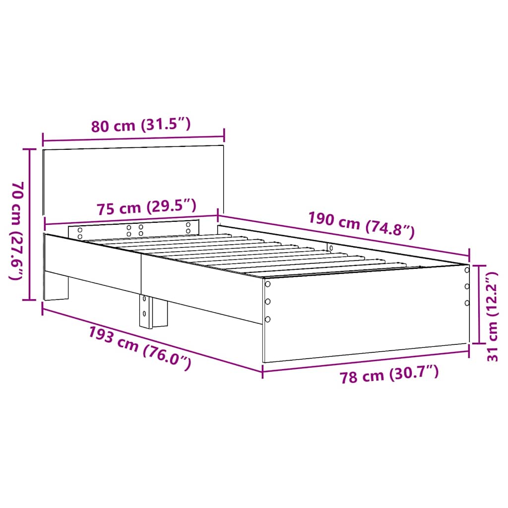 vidaXL Σκελετός Κρεβατιού Μαύρη δρυς 75 x 190 cm Επεξεργασμένο ξύλο