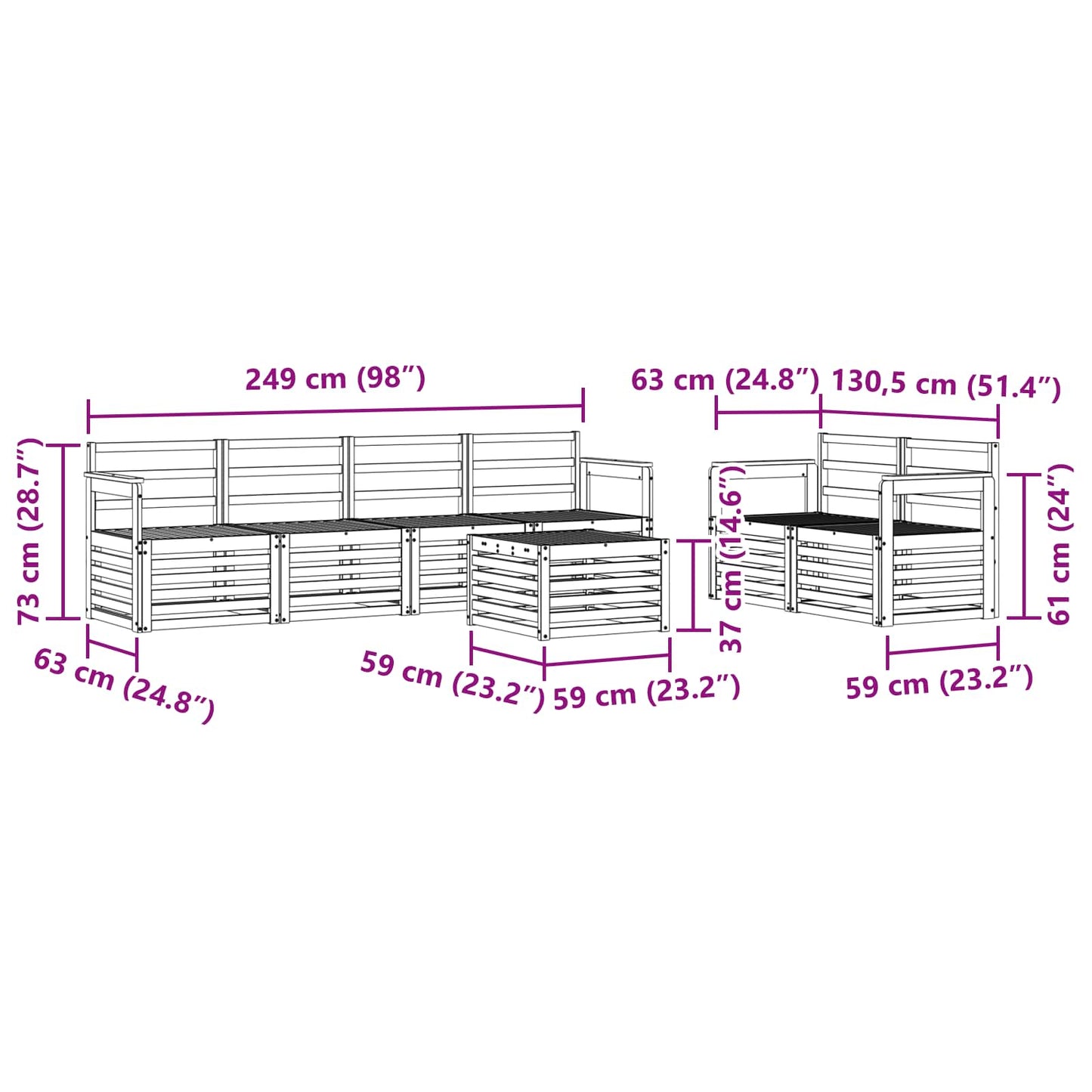 vidaXL Σειρά Καναπέ Εξωτερικού 7 pcs Φυσικό Στερεό Ξύλο Ακακίας