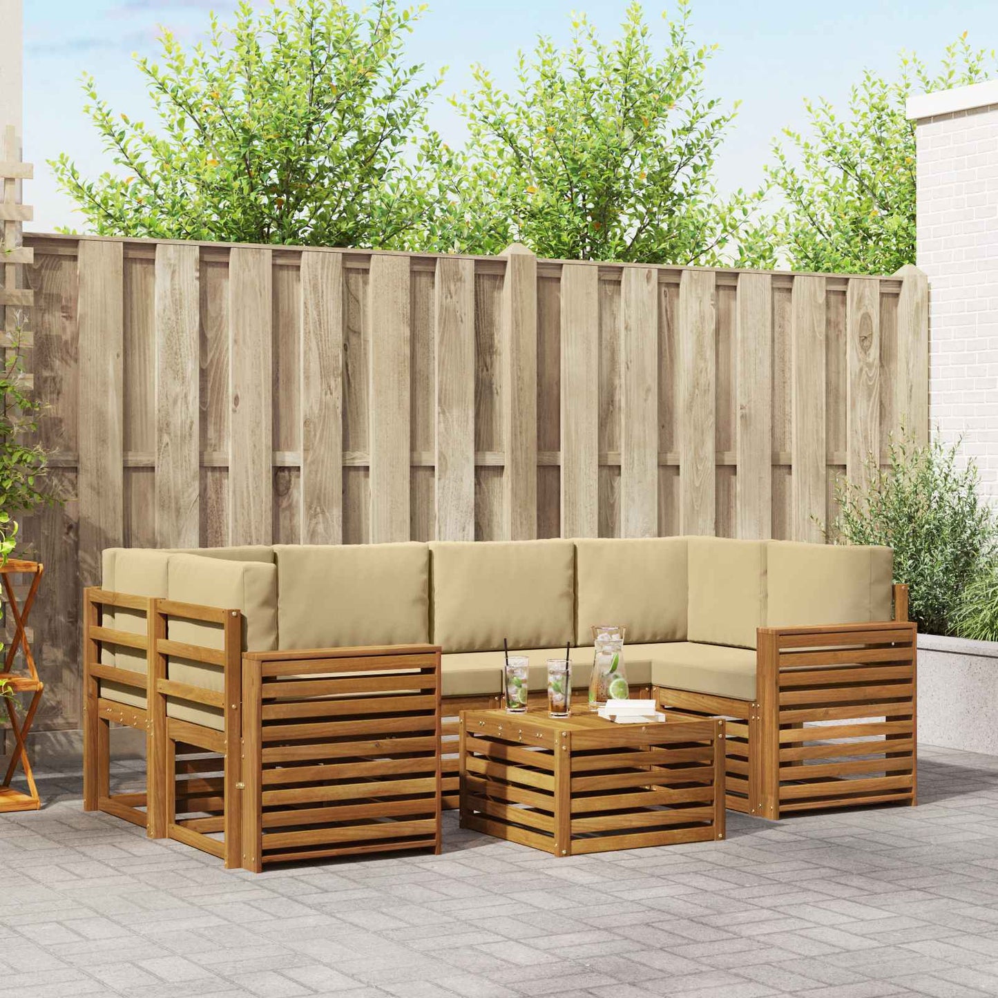 vidaXL Σειρά Καναπέ Εξωτερικού με μαξιλάρι 7 pcs Φυσικό και Μπεζ