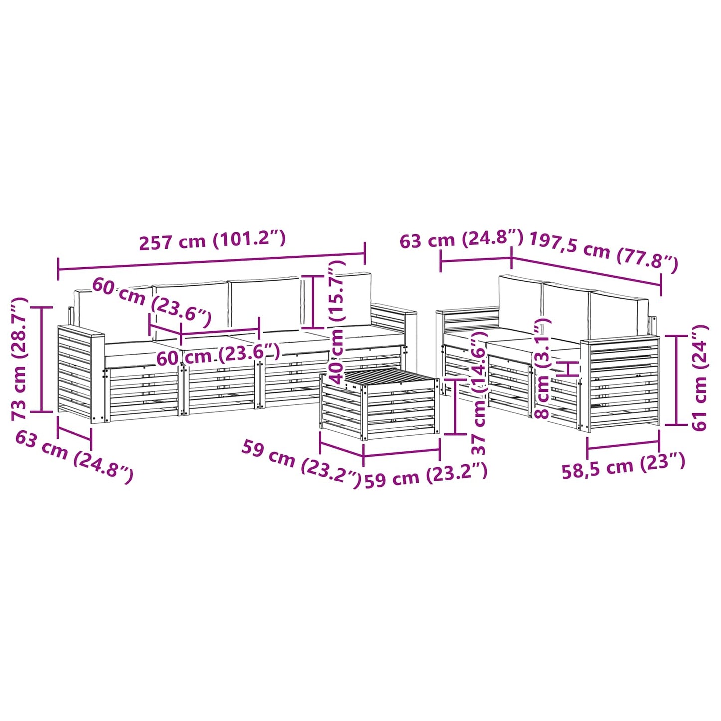 vidaXL Σετ Καναπέ 8 pcs Φυσικό και Ανθρακί Στερεό Ξύλο Ακακίας